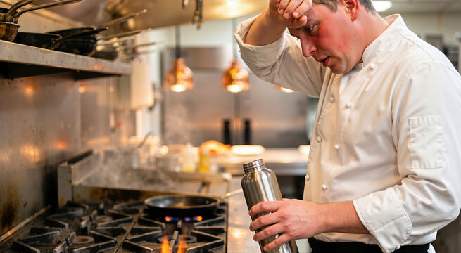 Overheated chef wiping sweat from his forehead in a commercial kitchen. Male cook with reddened face holding a water bottle near a hot stove. Heat impact in culinary workplace