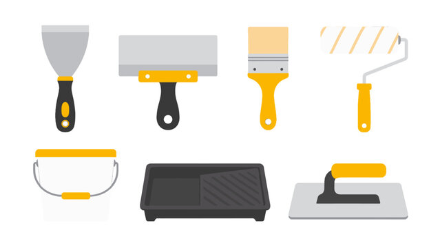 Set of painting and plastering tools in flat vector style