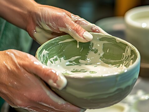 Ceramic Artist Applying Wax Resist Glaze in Pottery Studio