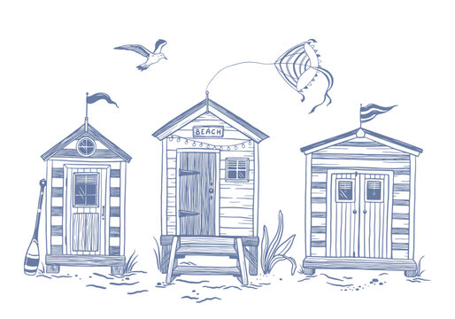 Summer hand-drawn banner, card, print with beach huts, kite and seagull, symbols hobbies and leisure on coast sea, ocean or lake.Illustration of vector silhouettes in blue color, beach landscape