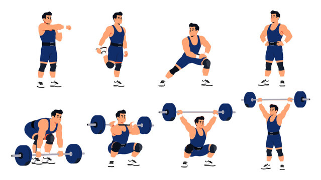 Male weightlifter warming up and lifting barbell vector set