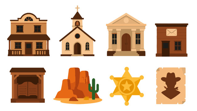 Western town buildings and desert elements vector set