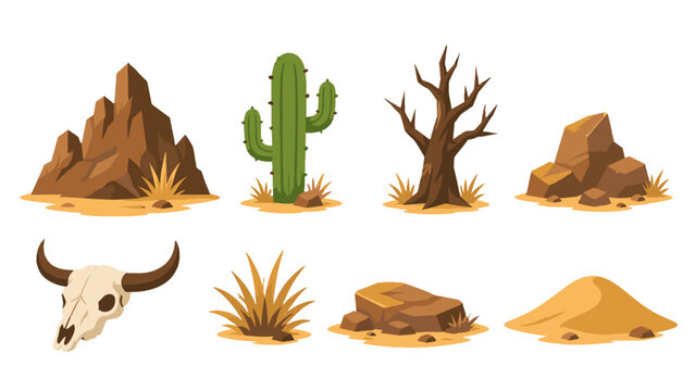 Desert landscape elements set with cactus rocks tree and skull
