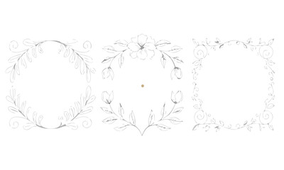 Obraz premium Invitation Envelope Corner Ornament Frame Set in Minimalist Line Art Style with Floral Leaves and Swirls for Wedding Stationery