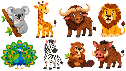 Fototapeta premium Cute cartoon wild animals collection isolated on white