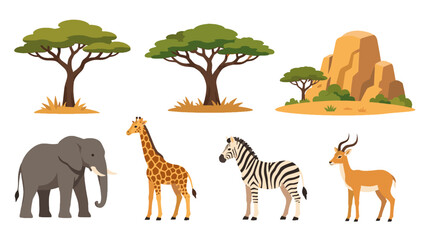 Fototapeta premium African savanna animals and trees cartoon vector set