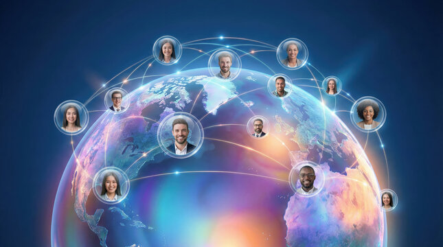 Futuristic Iridescent Globe with Global Business Networking Connections on Blue Background