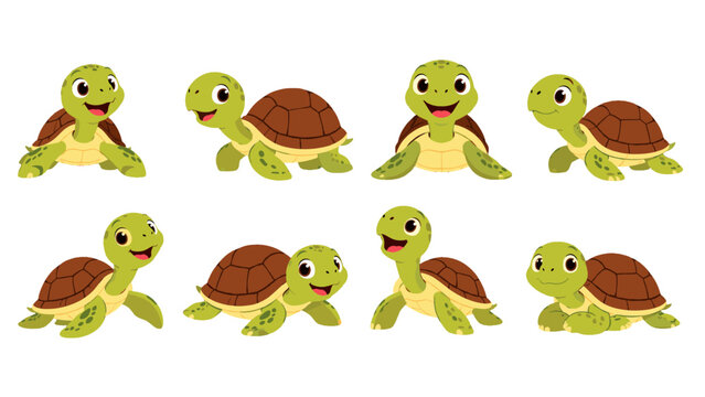 Set of cute cartoon turtles in different poses on white