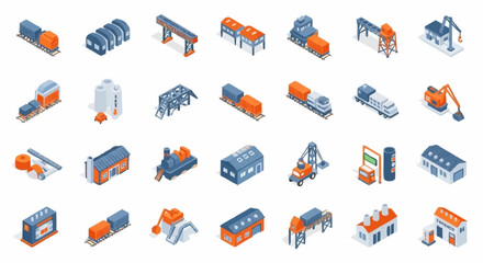 Isometric industrial elements collection, including trains, factories, construction equipment, and warehouses. © Rina