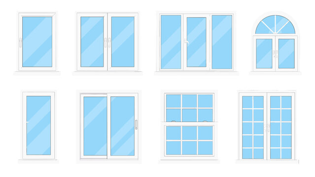 Set of white residential window frames in flat vector style