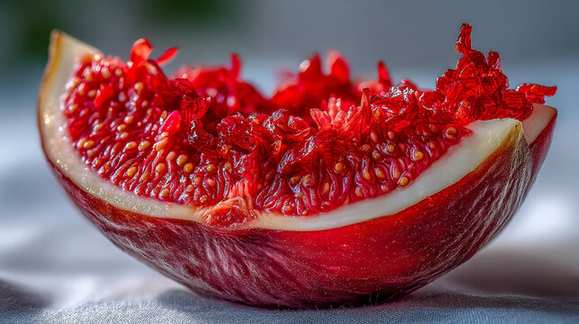 Macro view of juicy ripe fig slice showing seeds and pulp with vegetarian