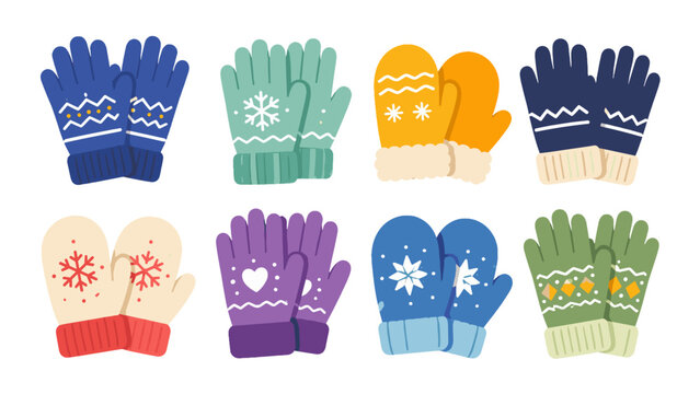 Set of colorful winter gloves and mittens in flat vector style