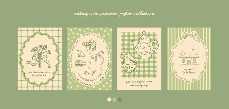 Summer cottagecore poster collection. Summer countryside life aesthetic cards. Grandmillenial vibes. Cute spring easter set. Summer tea garden party, summer picnic invitations template. Hand drawn set