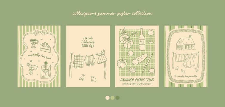 Summer cottagecore poster collection. Summer countryside life aesthetic cards. Grandmillenial vibes. Cute spring easter set. Summer tea garden party, summer picnic invitations template. Hand drawn set