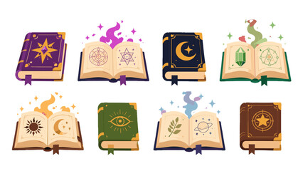 Obraz premium Set of magical spell books and open grimoires in flat vector style