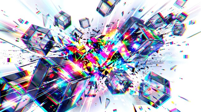 Abstract 3d geometric cubes background with colorful glitch effect and neon light explosion on white background