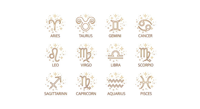 Set of twelve golden astrology zodiac sign symbols on white background with astrology horoscope astronomy constellation esoteric mystical prediction celestial spiritual astrological zodiacal