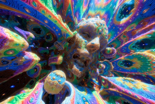 Volto astratto psichedelico in un vortice di colori frattali e texture 3D