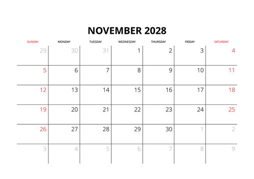 November 2028 English Professional Monthly Calendar Template Minimalist Corporate Planner Grid