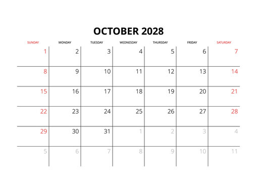 October 2028 English Professional Monthly Calendar Template Minimalist Corporate Planner Grid