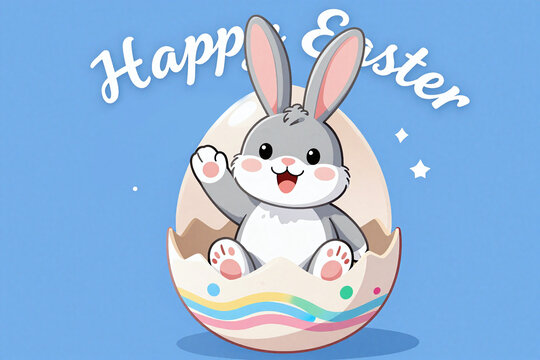 A cartoon bunny sitting in an egg with the words Happy Easter