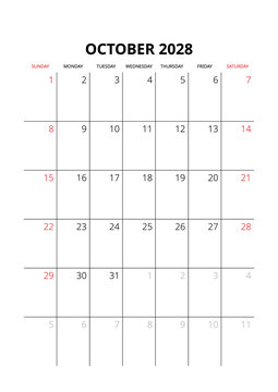 October 2028 English Blank Monthly Planner Grid Clean Business Calendar Template