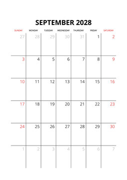 September 2028 English Corporate Monthly Calendar Grid Minimalist Office Organizer Page