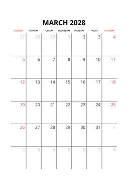 March 2028 English Minimalist Wall Calendar Page Corporate Project Management Layout