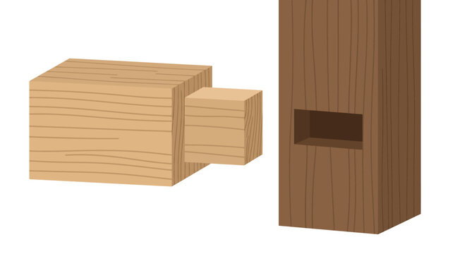 Flat minimal vector illustration of mortise and tenon wooden joint with separated assembly view, traditional carpentry engineering concep