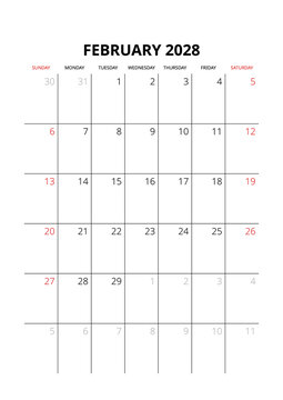 February 2028 English Corporate Monthly Calendar Grid Minimalist Office Organizer Page