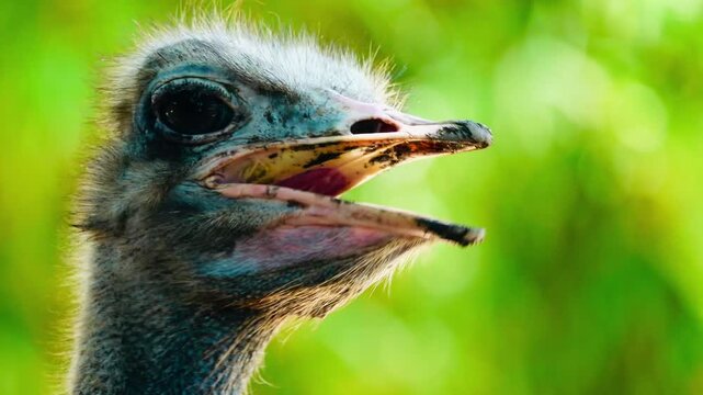 Close-up portrait of an ostrich showing detailed feathers, expressive eyes and unique facial features. Natural wildlife footage with shallow depth of field.