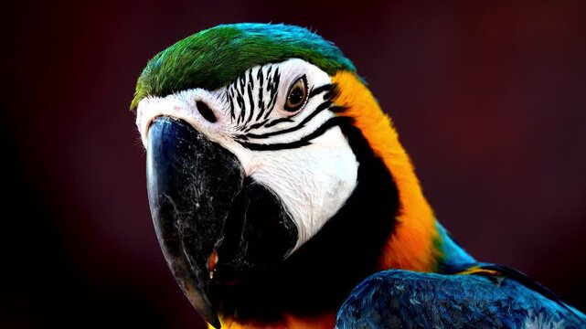 Extreme close-up footage of a blue and yellow macaw showing intricate feather patterns, eye detail and powerful beak in natural light.