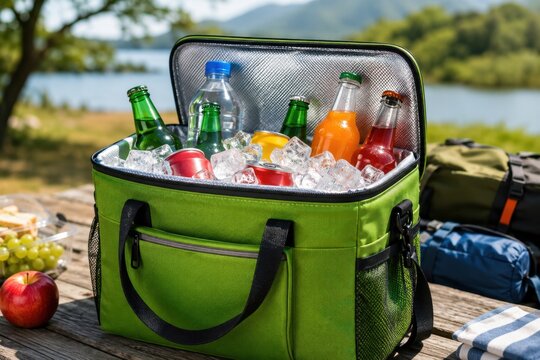 Portable Cooler Bag Filled with Cold Drinks and Ice at Scenic Lakeside Picnic