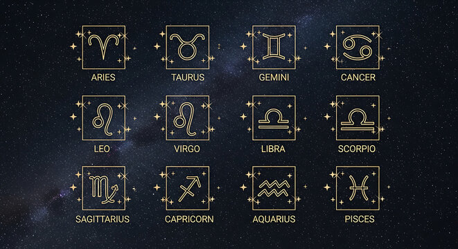 Twelve zodiac signs horoscope symbols set on dark starry space background with astrology horoscope astronomical constellations esoteric celestial astronomy prediction mythology illustration