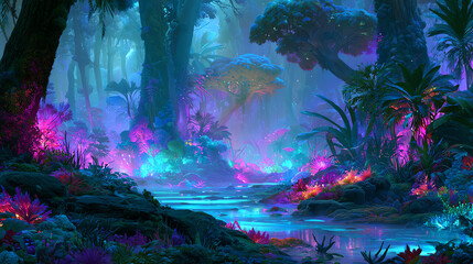 Fototapeta premium A vibrant, mystical forest glowing with ethereal colors and lush vegetation, creating a serene and enchanting atmosphere.