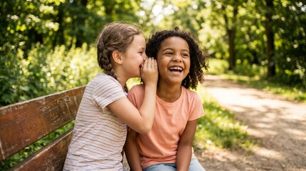 Naklejka premium Two young girls share a secret on a park bench on a sunny day