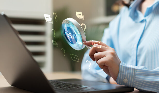 Customer support and FAQ concept with business professional using magnifying glass to search answers, knowledge base management, online assistance, problem solving, and digital help center.