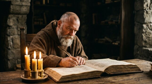An old monk with a long beard writing in a large ancient book by candlelight in a medieval library. The scene evokes a sense of history, study, and quiet contemplation