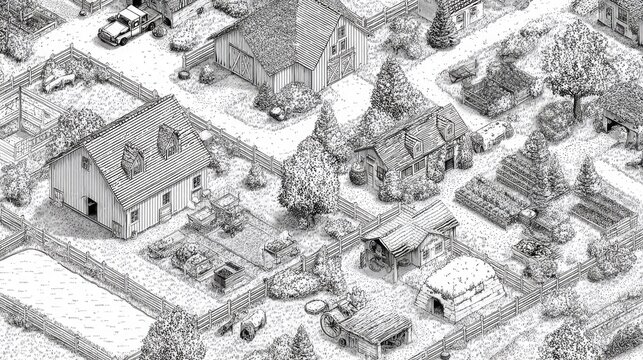 Detailed isometric sketch depicts a rural homestead with multiple buildings and cultivated garden plots