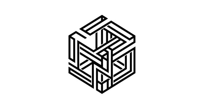 Intricate black line art geometric pattern creating an impossible cube optical illusion, abstract modern design element or logo concept.