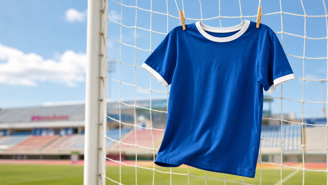Blue Ringer T Shirt Hanging on Soccer Goal Net at Sunny Sports Stadium Photography