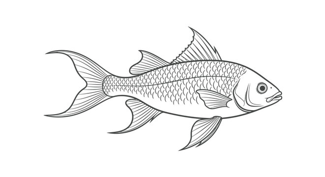 Detailed line art illustration of a freshwater fish, generic carp species, drawn in a realistic outline style, ideal for design