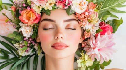 Naklejka premium Young woman with closed eyes surrounded by colorful vibrant flowers. Creative beauty portrait of girl with natural makeup and floral wreath. Harmony with nature, skincare and spa concept.