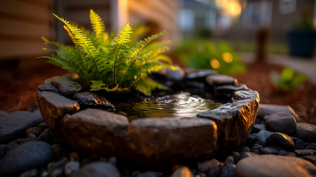 Small stone garden water feature with green fern and rippling surface in backyard
