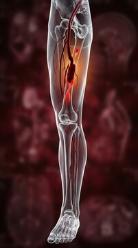 Deep vein thrombosis DVT in lower human leg anatomy, translucent 3D vascular model with femoral vein clot, venous obstruction, and clot propagation toward iliac vein