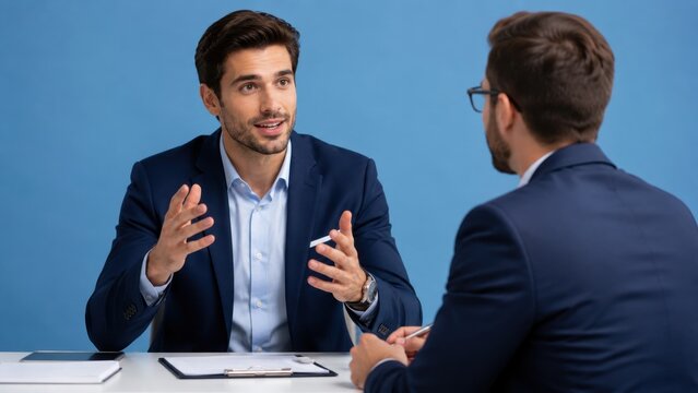 Professional Business Interview Meeting Between Two Corporate Executives in Modern Office