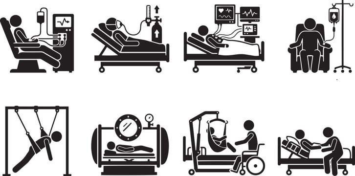 Set of Minimalist Advanced Medical Treatment and Intensive Care Icons Featuring Dialysis Machines, Mechanical Ventilation, Hyperbaric Chambers, IV Infusion Therapy, and Patient Lift Systems Isolated o