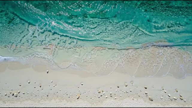 Turquoise ocean waves gently breaking on a sandy tropical beach with scattered pebbles
