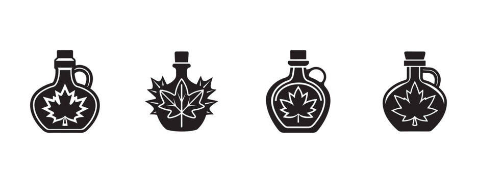 maple syrup bottles with different designs on white background  various jug shapes and leaf patterns