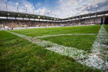 Close-up of soccer field corner lines in stadium with crowd, real sports atmosphere and natural lighting. © Dziurek